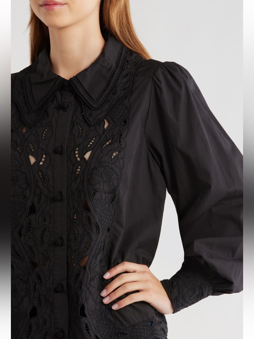 FARM Rio Black Embroidered Cutwork Button-Down Blouse - Picture 3 of 9
